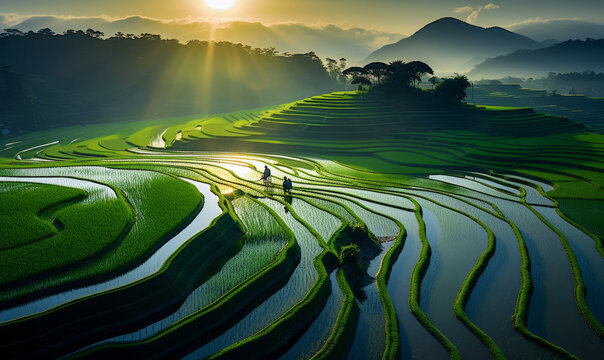 High panoramic view of beautiful green rice paddy fields in Asia. Stunning travel background
