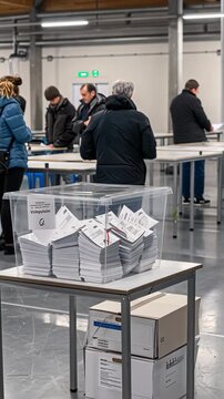 Individuals are engaged in organizing ballots and election materials while preparing for an upcoming voting event in a spacious setting