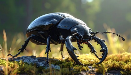 Large black beetle rests atop mossy log, detailed macro shot in soft focus daylight, emphasizing exoskeletal features