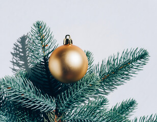 Golden Christmas Ornament Hanging on Lush Green Pine Branches Against a Clean White Background in Minimalist Holiday Still Life Photography