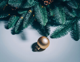 Golden Christmas Ornament Hanging on Lush Green Pine Branches Against a Clean White Background in Minimalist Holiday Still Life Photography