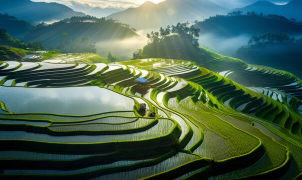High panoramic view of beautiful green rice paddy fields in Asia. Stunning travel background