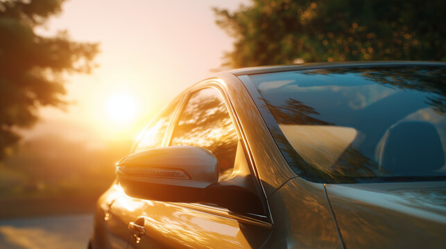 Car side mirror reflecting sunset colors of golden light