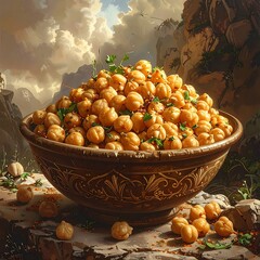 Large bowl filled with cooked chickpeas, garnished with greens, on a stone surface. Background of dramatic mountains