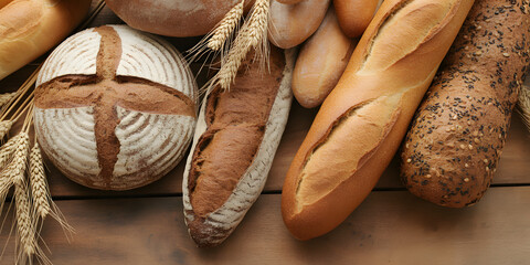 Homemade whole grain breads on wooden surface with a few spikelets of wheat. Healthy food.