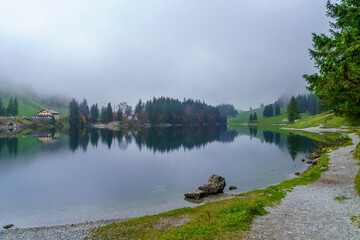 Seealpsee lake, in the Alpstein range, Appenzell