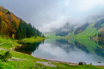 Seealpsee lake, in the Alpstein range, Appenzell
