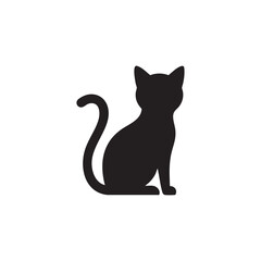 Black silhouette of a cat sitting with its tail curled isolated on a transparent background for pet-related designs