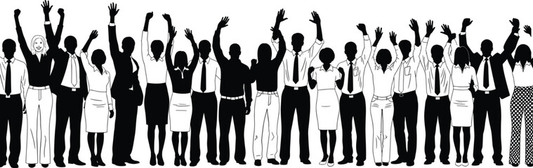 Business team raising arms in celebration, corporate success unity concept, black and white silhouette illustration, professional group energy, flat vector
