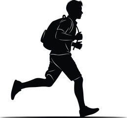 Running person silhouette with backpack, active lifestyle concept, youth movement energy, black and white dynamic pose illustration, flat vector