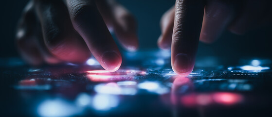 Intricate close-up reveals hands interacting with a cutting-edge digital interface, as light dances across a modern screen showcasing the essence of technology and innovation.