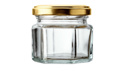 A small, faceted glass jar with a gold-colored lid, shot against a white backdrop
