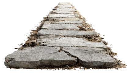 Stone pathway isolated on black, leading from foreground to vanishing point. Broken, worn steps