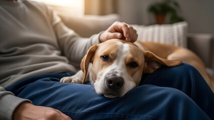 Heartwarming moment of a dog resting on a person s lap