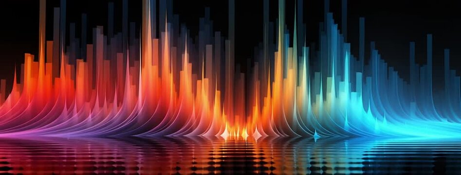 A dynamic, geometric illustration resembling stylized flames or a high-energy soundwave pattern.