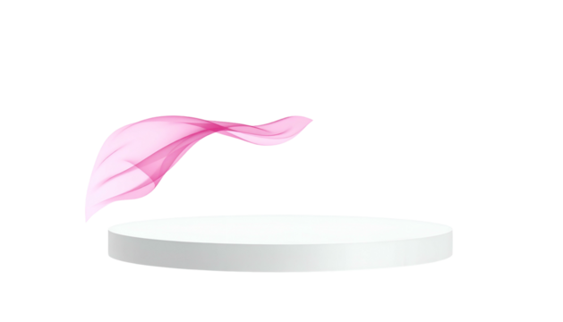 White pedestal with floating pink fabric against a black background - Powered by Adobe