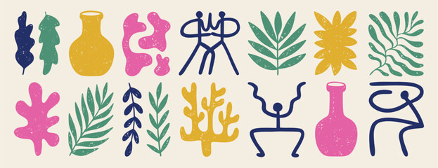 Nature abstract matisse style shapes set. Contemporary doodle art hand drawn silhouette branch, blobs, flowers, human body, leaves. 