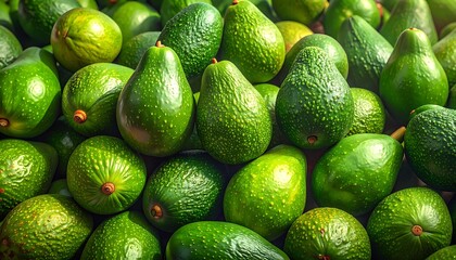 Heap of avocados. Close-up of the bumpy-skinned, green fruit clustered together in natural light