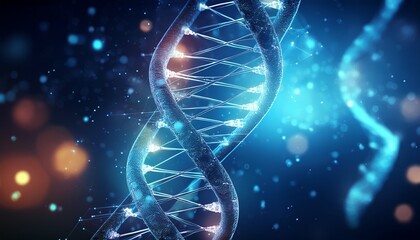 glowing abstract visualization of a dna double helix strand structure on a dark blue background with particle effects