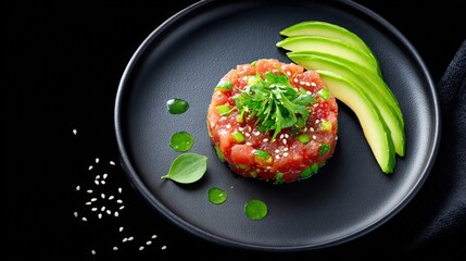 Freshly prepared gourmet dish featuring diced fish, vibrant vegetables, and avocado slices, elegantly arranged on a black plate, showcasing culinary artistry and modern presentation