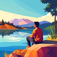 Man sits by a lake with mountains in distance, rendered in polygonal shapes with a low-poly style