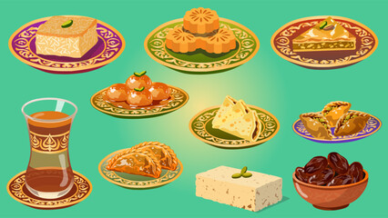 Ramadan Traditional Dessert Set in Colorful Flat Style for Festive Theme