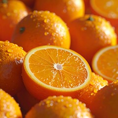 Heap of vibrant oranges, glistening with moisture, one sliced in half revealing its juicy interior