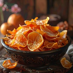 Heap of dried orange slices inside of a patterned, dark bowl on a wooden surface, surrounded by oranges