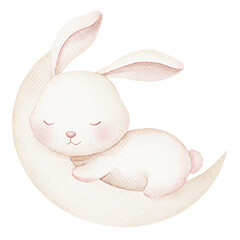 Sleeping baby bunny on crescent moon watercolor illustration for nursery © ThemeRage
