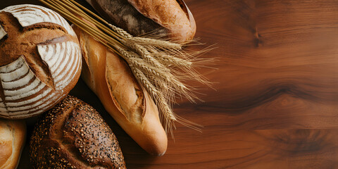 Homemade whole grain breads on wooden surface with few spikelets of wheat, copy space. Healthy food.