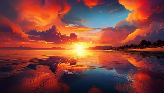 fiery sky reflection over ocean - Powered by Adobe
