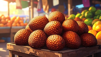 Heaped reddish-brown fruit sits on a wooden table at a vibrant, sunlit outdoor market stand, surrounded by oranges