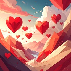 Heart balloons rise over a warm, angular landscape in stylized shades of red, pink, white, and blue