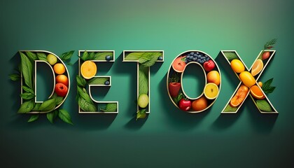 fruits and leaves form the word detox symbolizing health and cleansing
