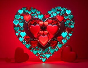 Heart composition Red/teal hearts form a larger heart, glossy surfaces, and a warm, soft light