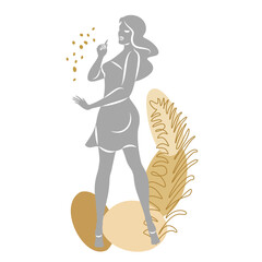 Silhouette of a cute lady and leaves of a plant. The girl is standing. The woman has a beautiful figure. She is young and slim. Vector illustration.