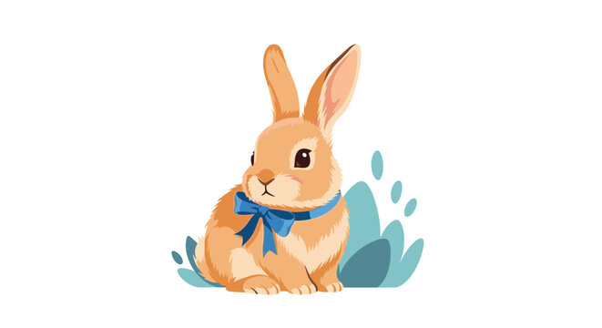 Adorable fluffy brown bunny with big ears and a charming blue ribbon bow sitting peacefully next to stylized foliage on a white background.