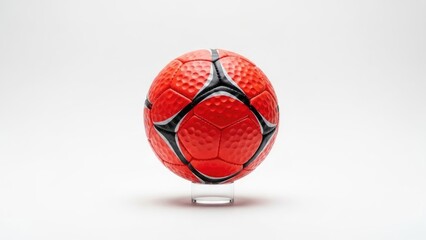 Close up view of a red and black soccer ball displayed on a clear stand | handball, sports, object, equipment, minimal.