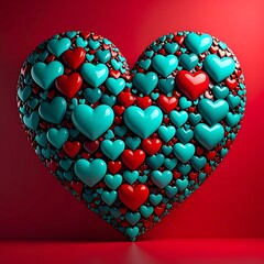 Heart formation made of small, glossy teal and red hearts, set against a saturated red background, casting soft light