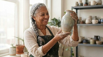 Happy senior woman with braided grey hair admiring a finished ceramic vase in a pottery studio, created Ai