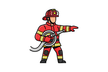 Obraz premium Vector illustration of a firefighter in red gear pointing with a hose