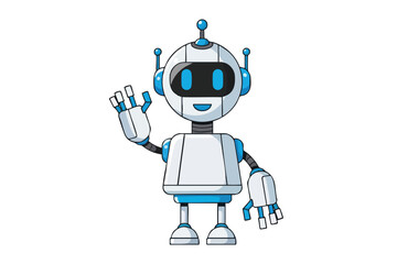 Fototapeta premium Animated white and blue robot waving its hand, a cartoon-style illustration