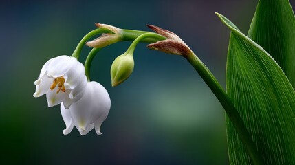 Fototapeta premium Delicate white flowers with green leaves, showcasing intricate petals and a soft gradient background, embodying the beauty of nature and tranquility in a serene environment