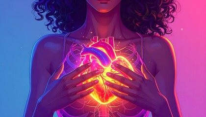 Heart of light Woman cradles glowing organ, surrounded by an outlined rib cage in neon pink and blue ambiance