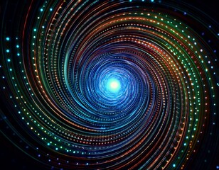 abstract colorful dotted spiral vortex background n dynamic circular pattern with glowing particles on black perfect for technology ai digital motion sci fi visuals data tunnel bg