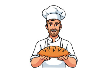 Smiling baker in white uniform holding fresh loaf of bread, isolated on white background