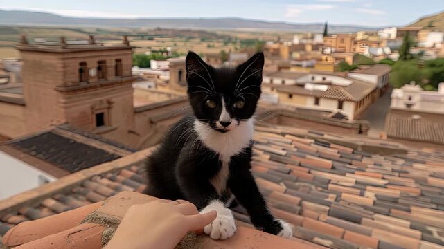A curious kitten joyfully explores a rooftop, playing with a hand while overlooking a picturesque town and stunning landscape