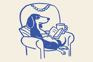 Dachshund reading book in armchair doodle vector illustration