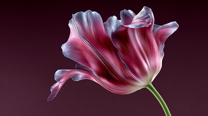 Vibrant pink and purple tulip flower with delicate petals, showcasing intricate textures and graceful curves, set against a smooth dark background, representing natural beauty and elegance