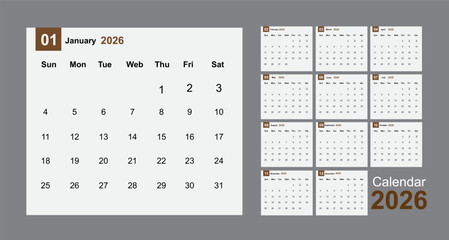 Minimalist 2026 calendar layout with monthly grid design in gray and brown theme